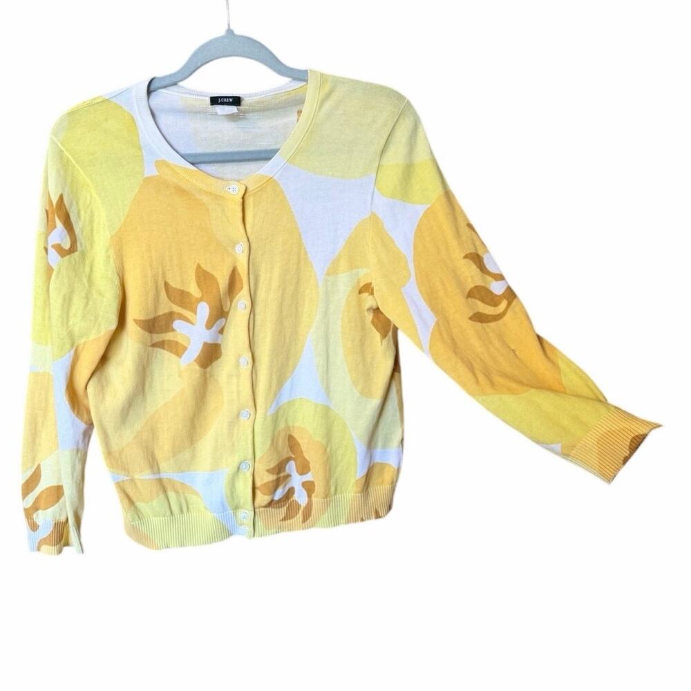 J.Crew yellow floral abstract button front cardigan sweater small 100% cotton